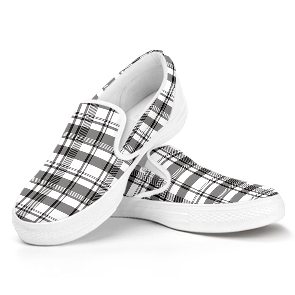 Black And White Madras Pattern Print White Slip On Shoes