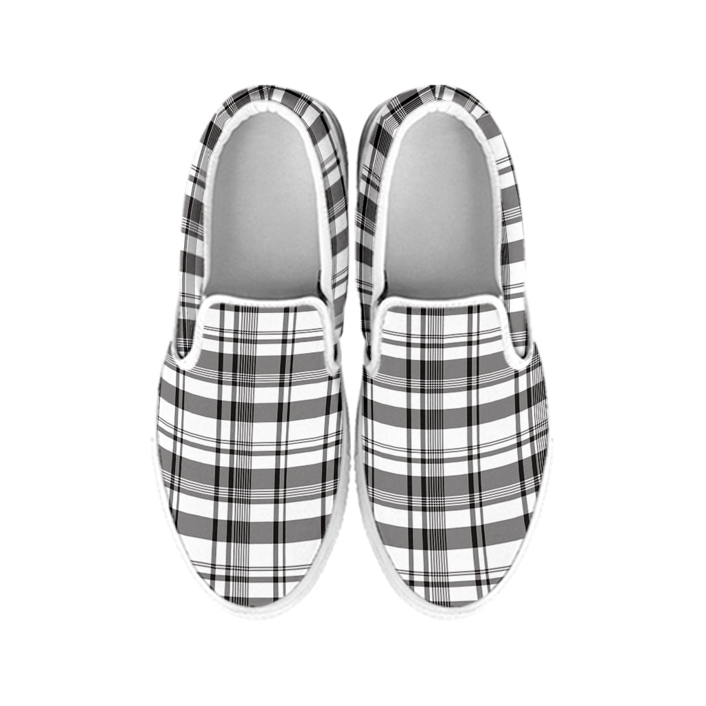 Black And White Madras Pattern Print White Slip On Shoes