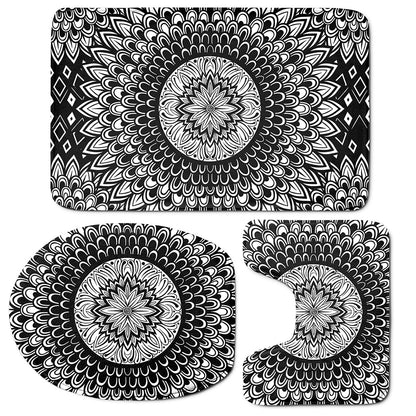 Black And White Mandala Print 3 Piece Bath Mat Set