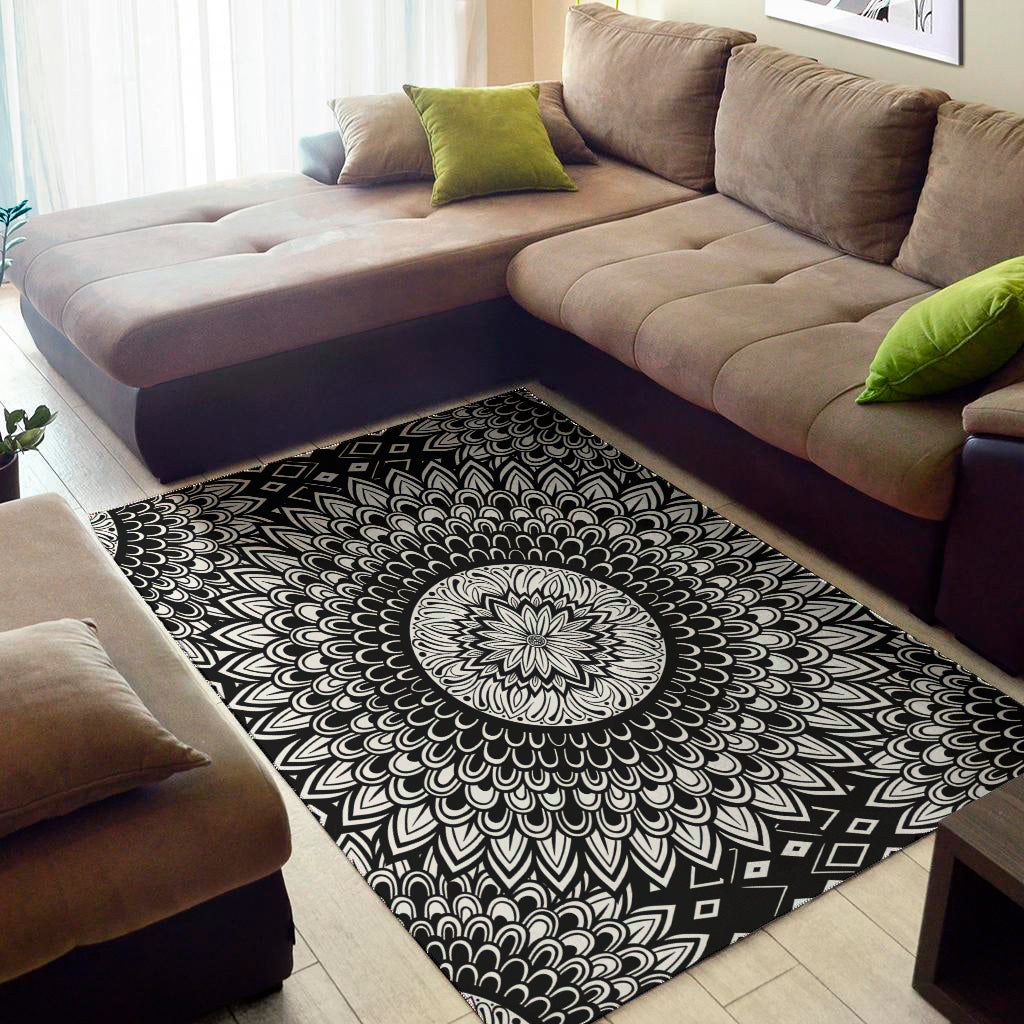 Black And White Mandala Print Area Rug