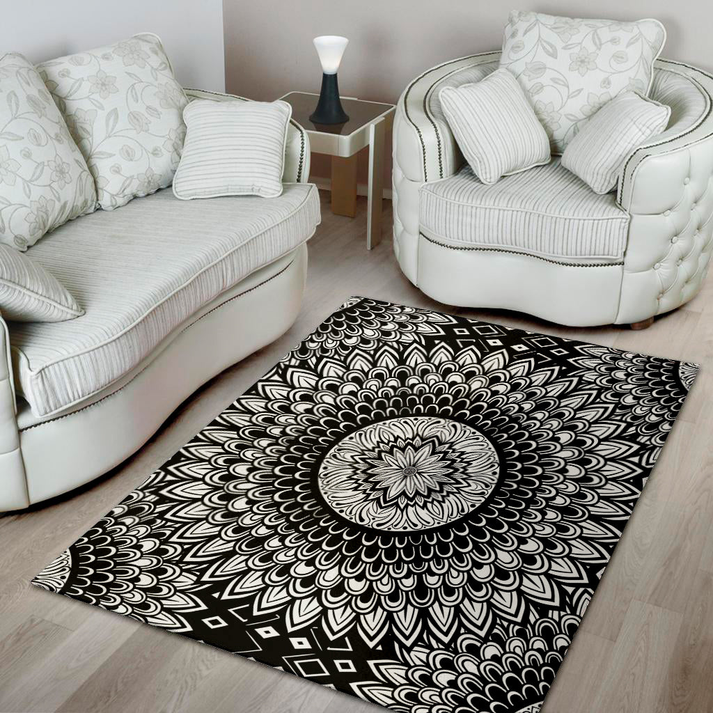 Black And White Mandala Print Area Rug