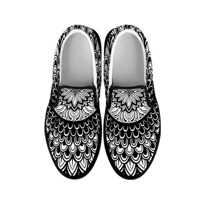 Black And White Mandala Print Black Slip On Shoes
