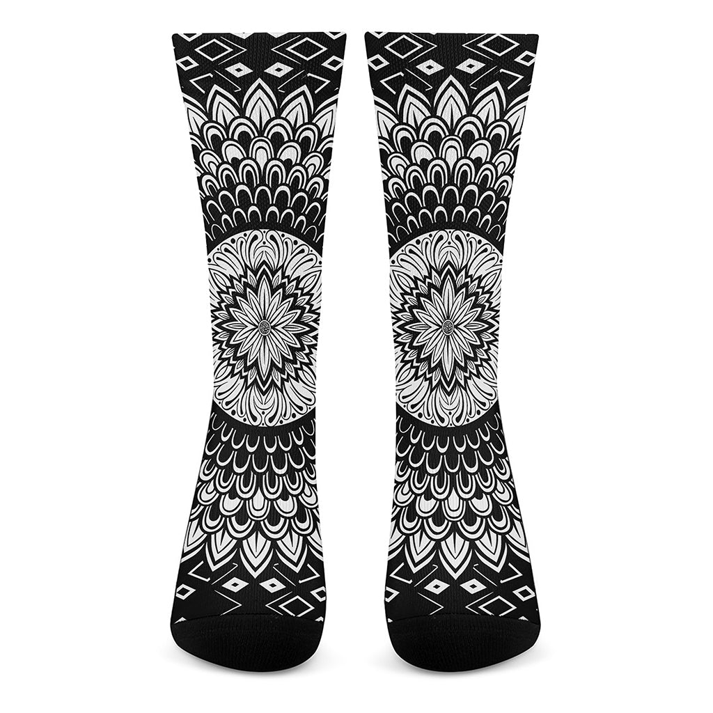 Black And White Mandala Print Crew Socks