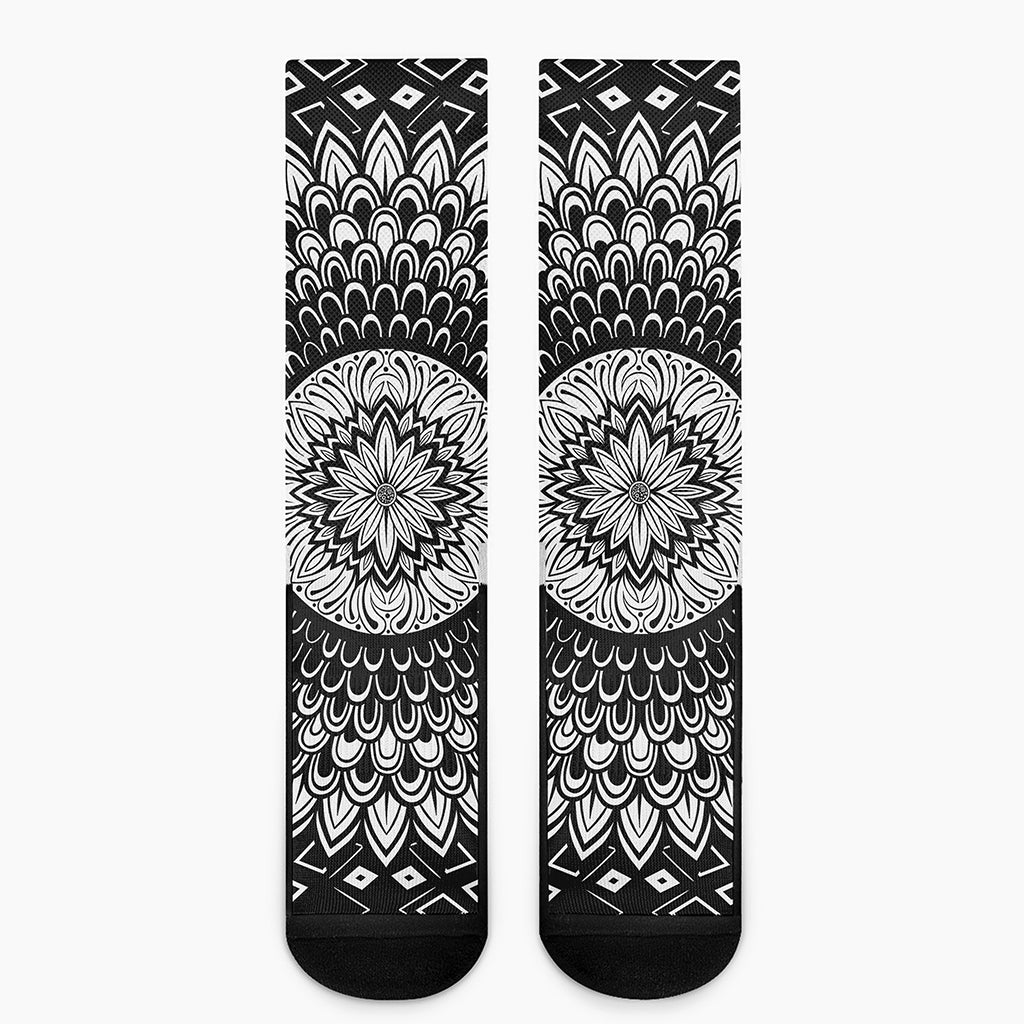 Black And White Mandala Print Crew Socks