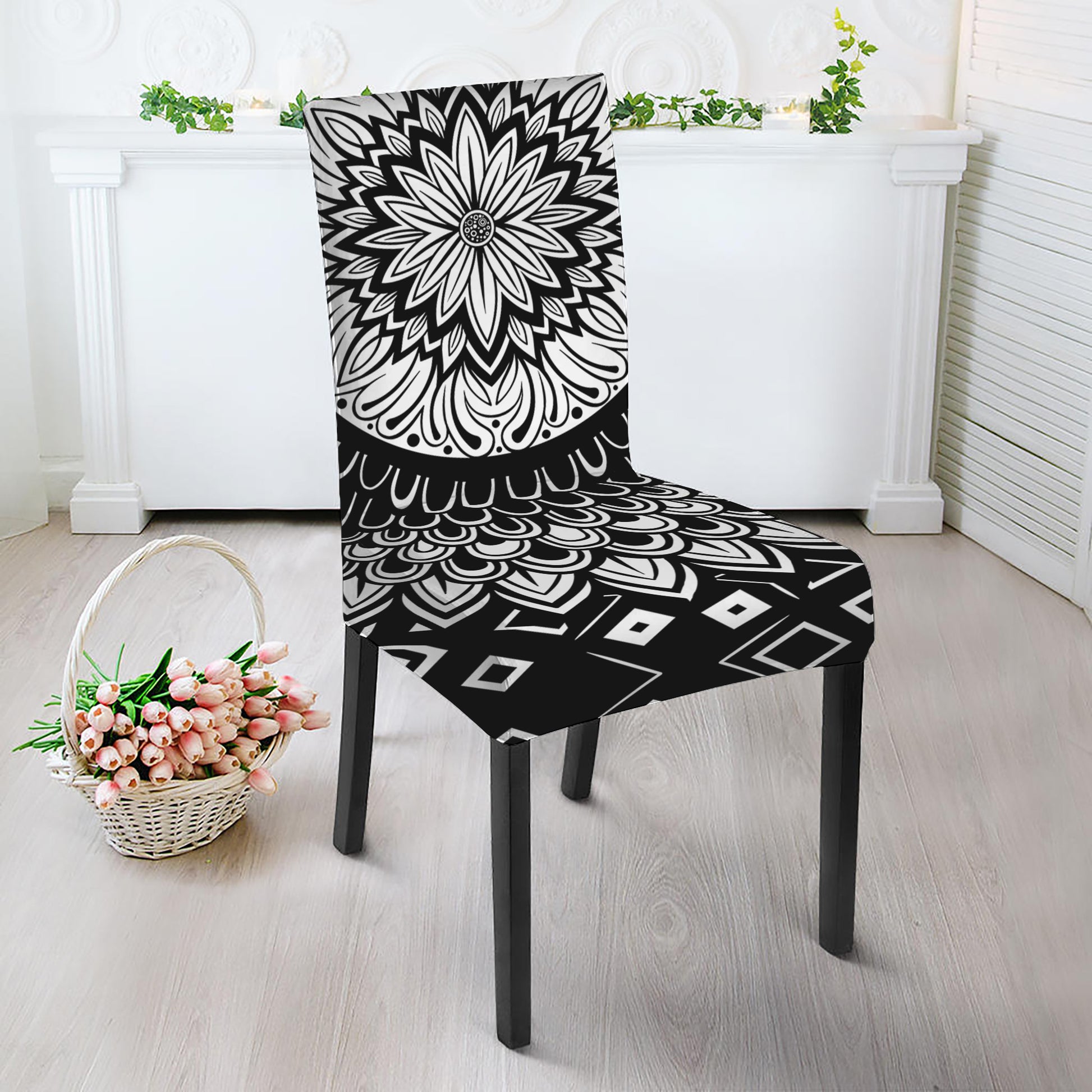 Black And White Mandala Print Dining Chair Slipcover