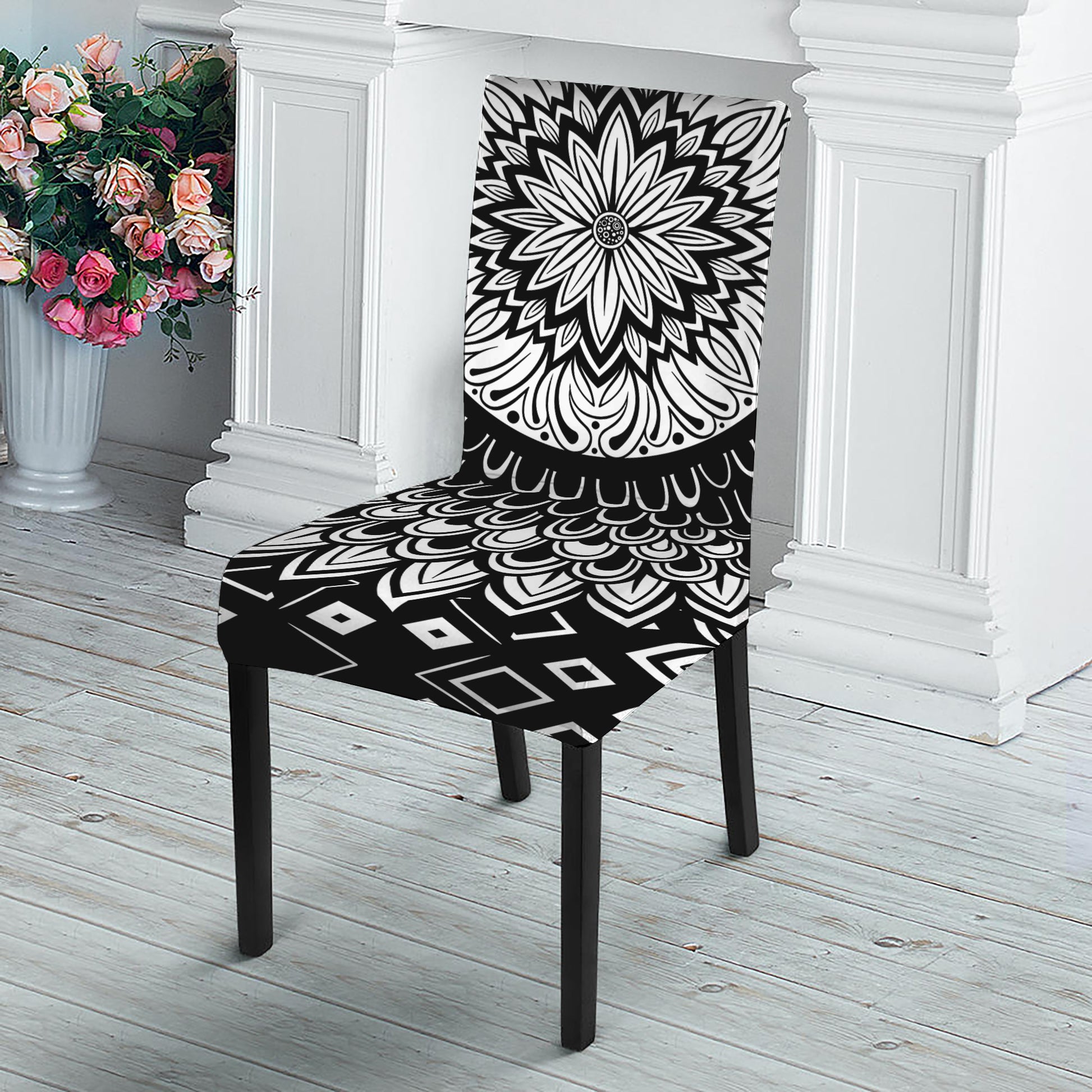 Black And White Mandala Print Dining Chair Slipcover