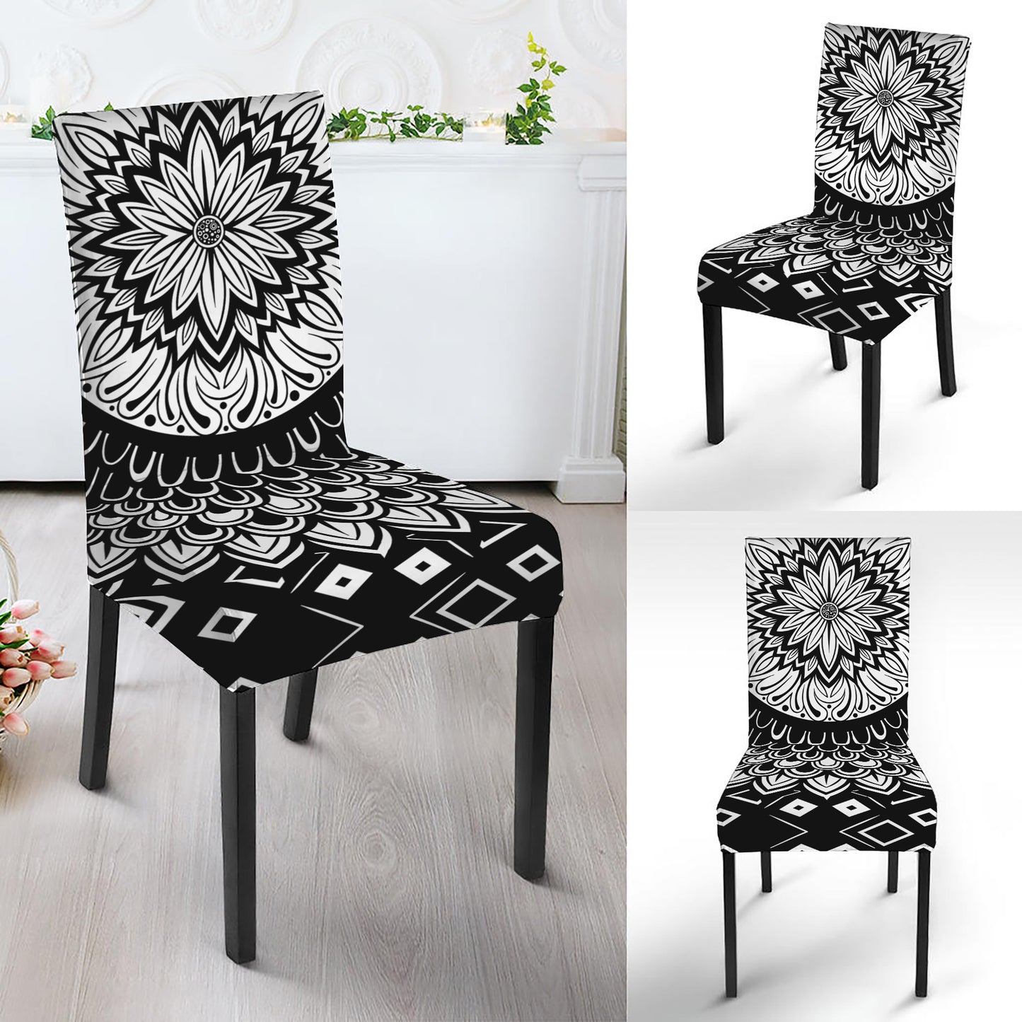Black And White Mandala Print Dining Chair Slipcover
