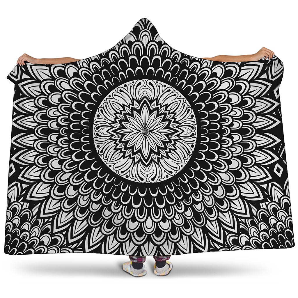 Black And White Mandala Print Hooded Blanket