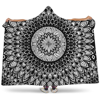 Black And White Mandala Print Hooded Blanket