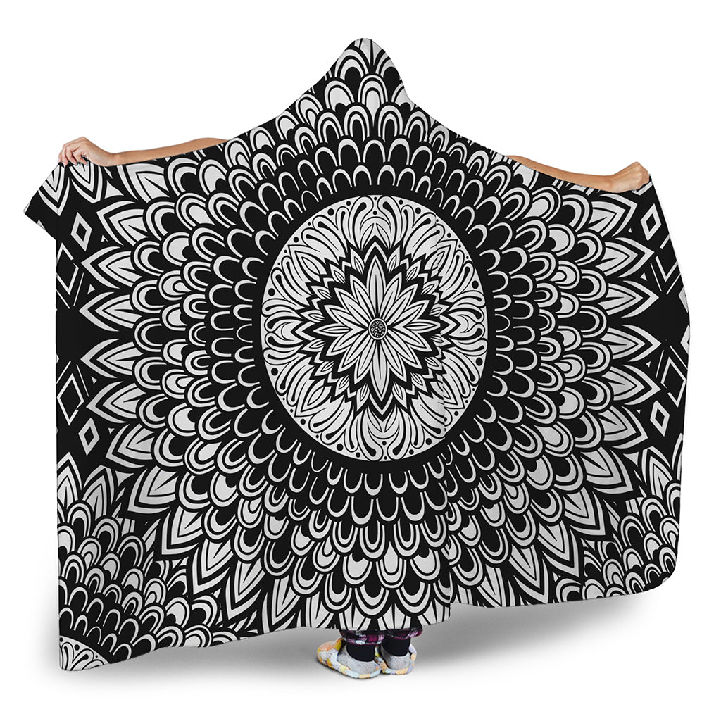 Black And White Mandala Print Hooded Blanket
