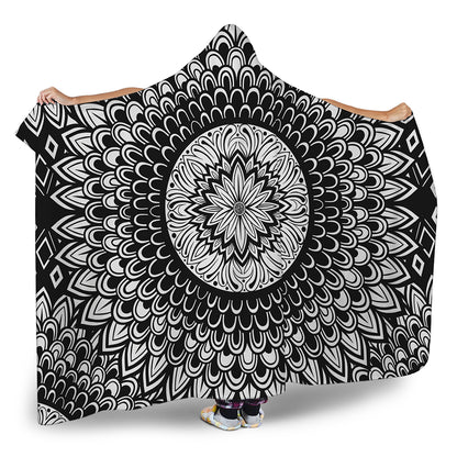 Black And White Mandala Print Hooded Blanket