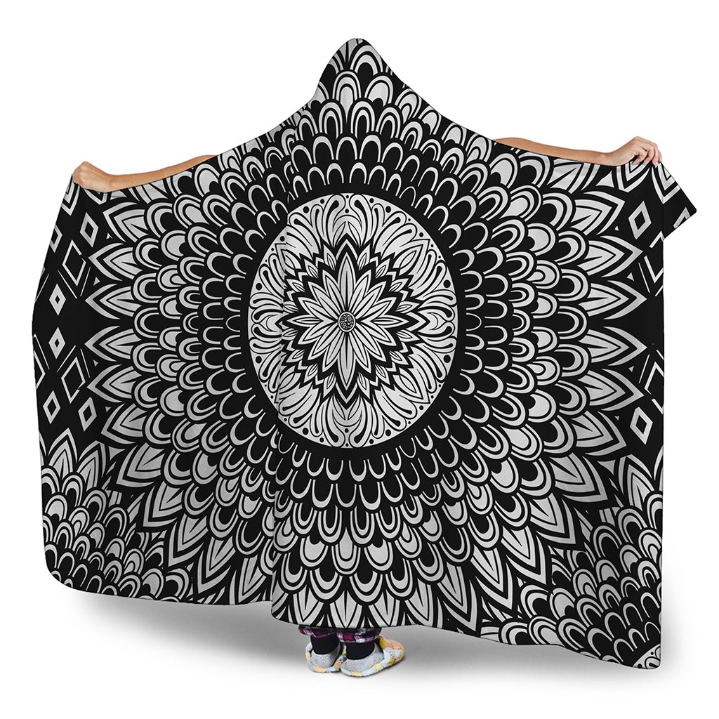 Black And White Mandala Print Hooded Blanket