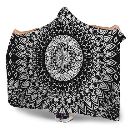 Black And White Mandala Print Hooded Blanket