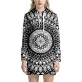 Black And White Mandala Print Pullover Hoodie Dress