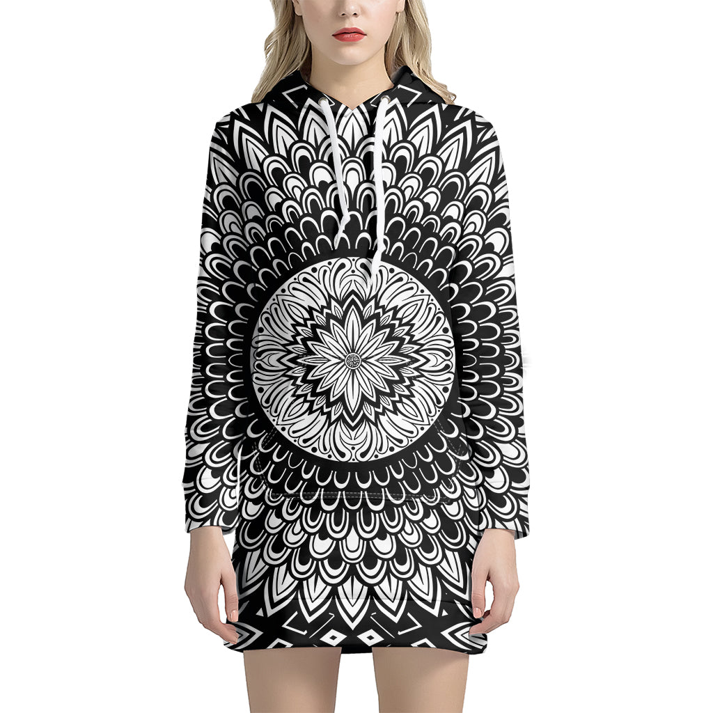 Black And White Mandala Print Hoodie Dress