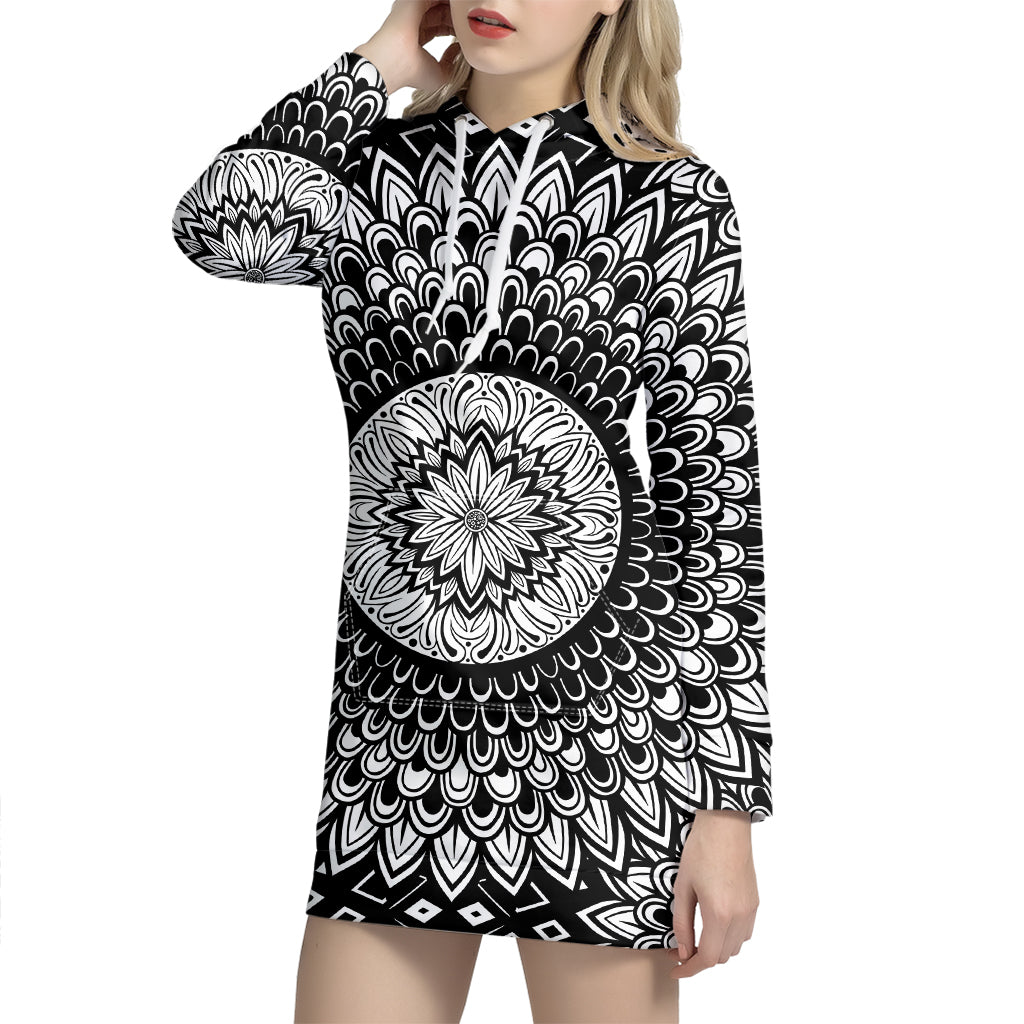 Black And White Mandala Print Hoodie Dress