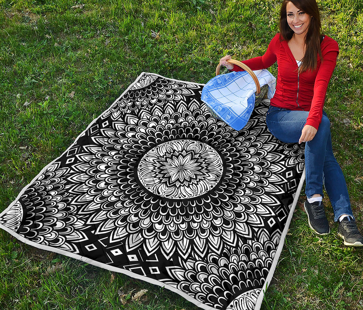 Black And White Mandala Print Quilt