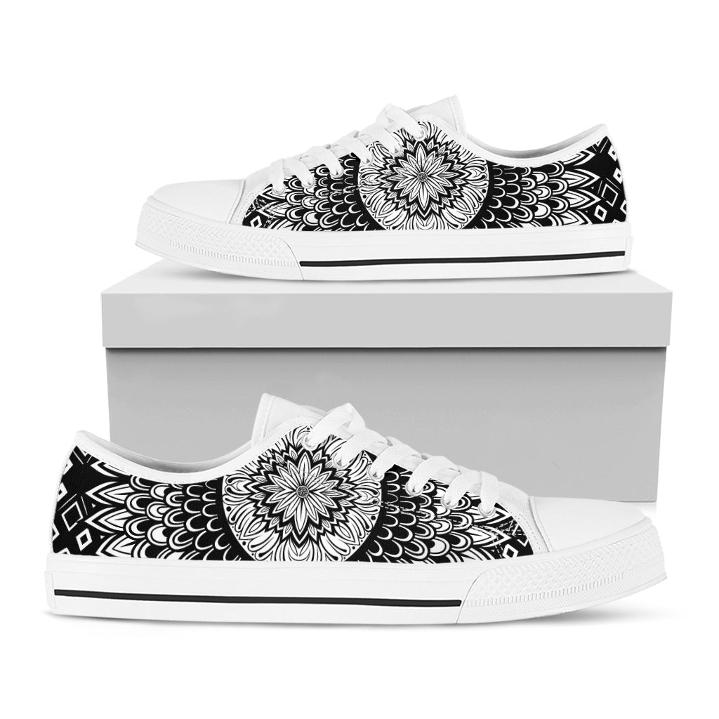 Black And White Mandala Print White Low Top Shoes