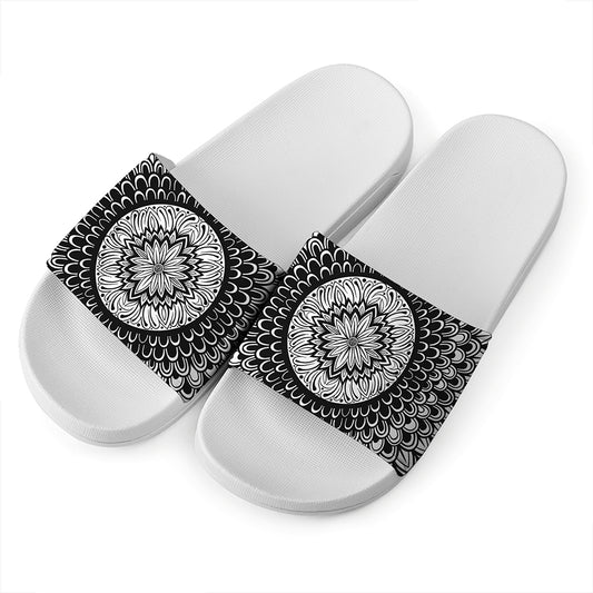 Black And White Mandala Print White Slide Sandals
