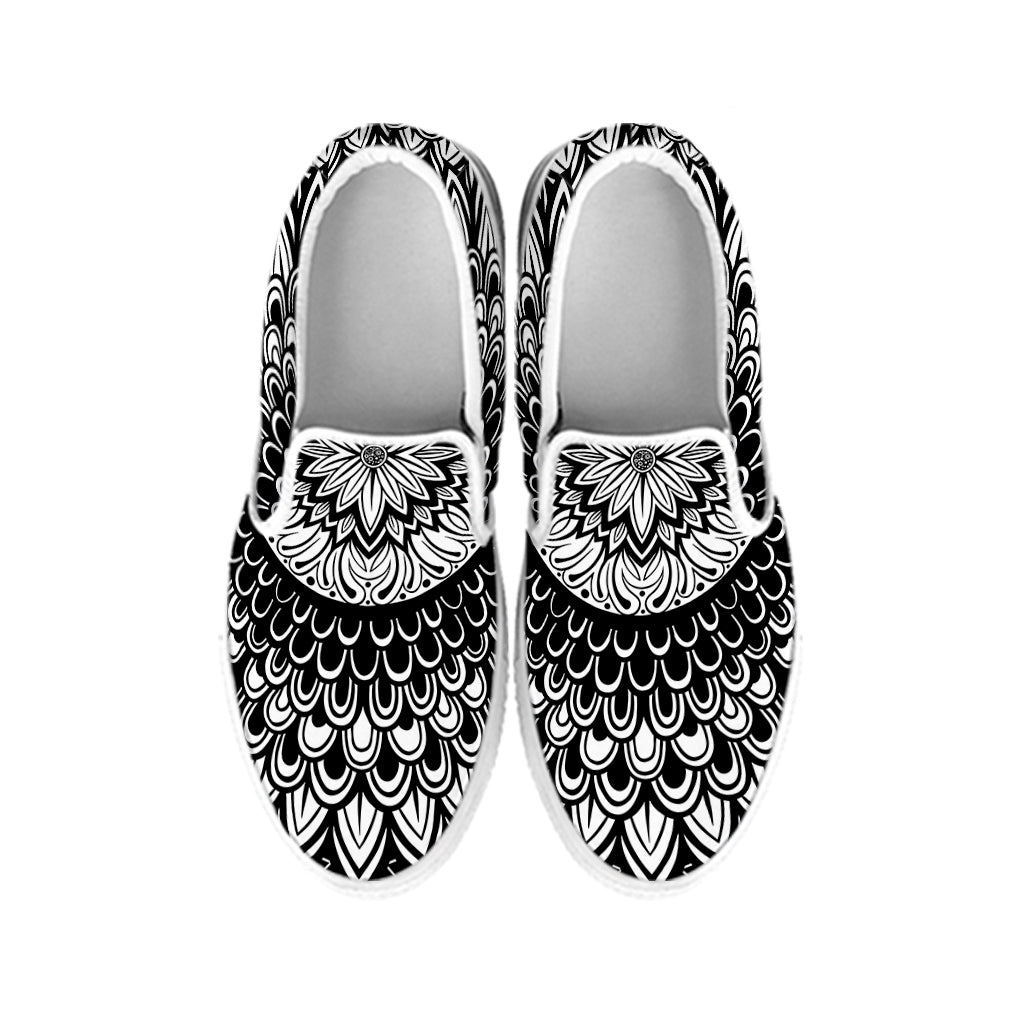 Black And White Mandala Print White Slip On Shoes