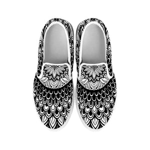 Black And White Mandala Print White Slip On Shoes