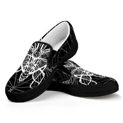 Black And White Mantis Spirit Print Black Slip On Shoes