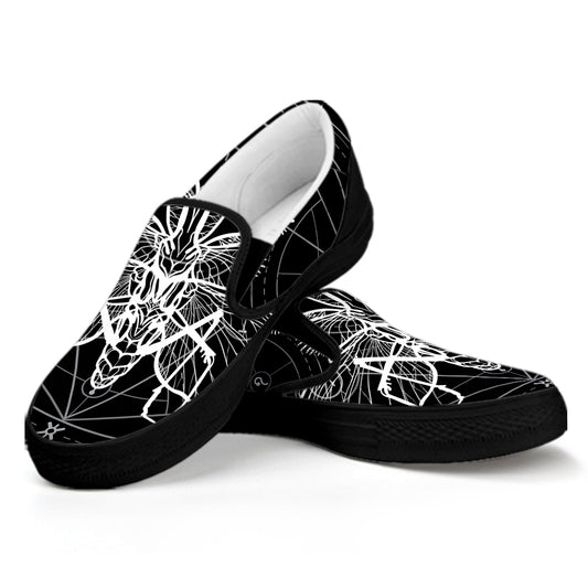 Black And White Mantis Spirit Print Black Slip On Shoes