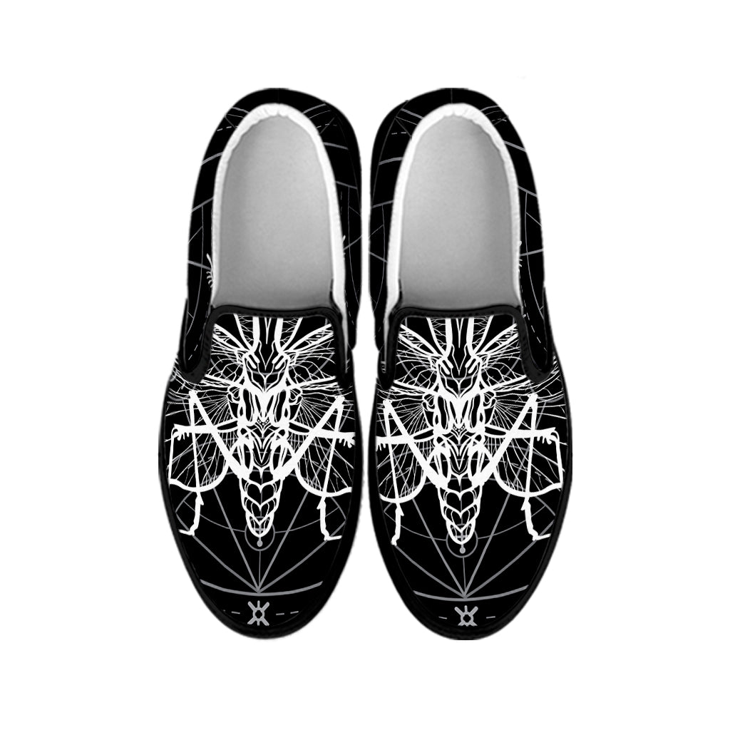 Black And White Mantis Spirit Print Black Slip On Shoes