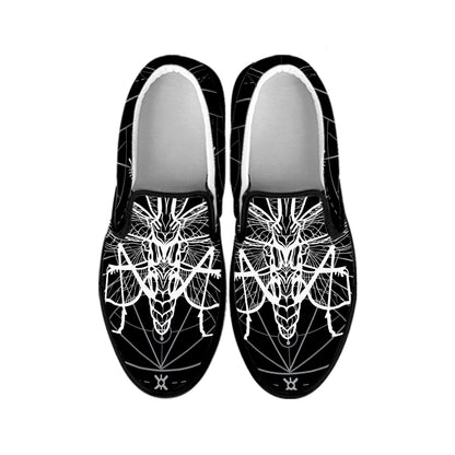 Black And White Mantis Spirit Print Black Slip On Shoes