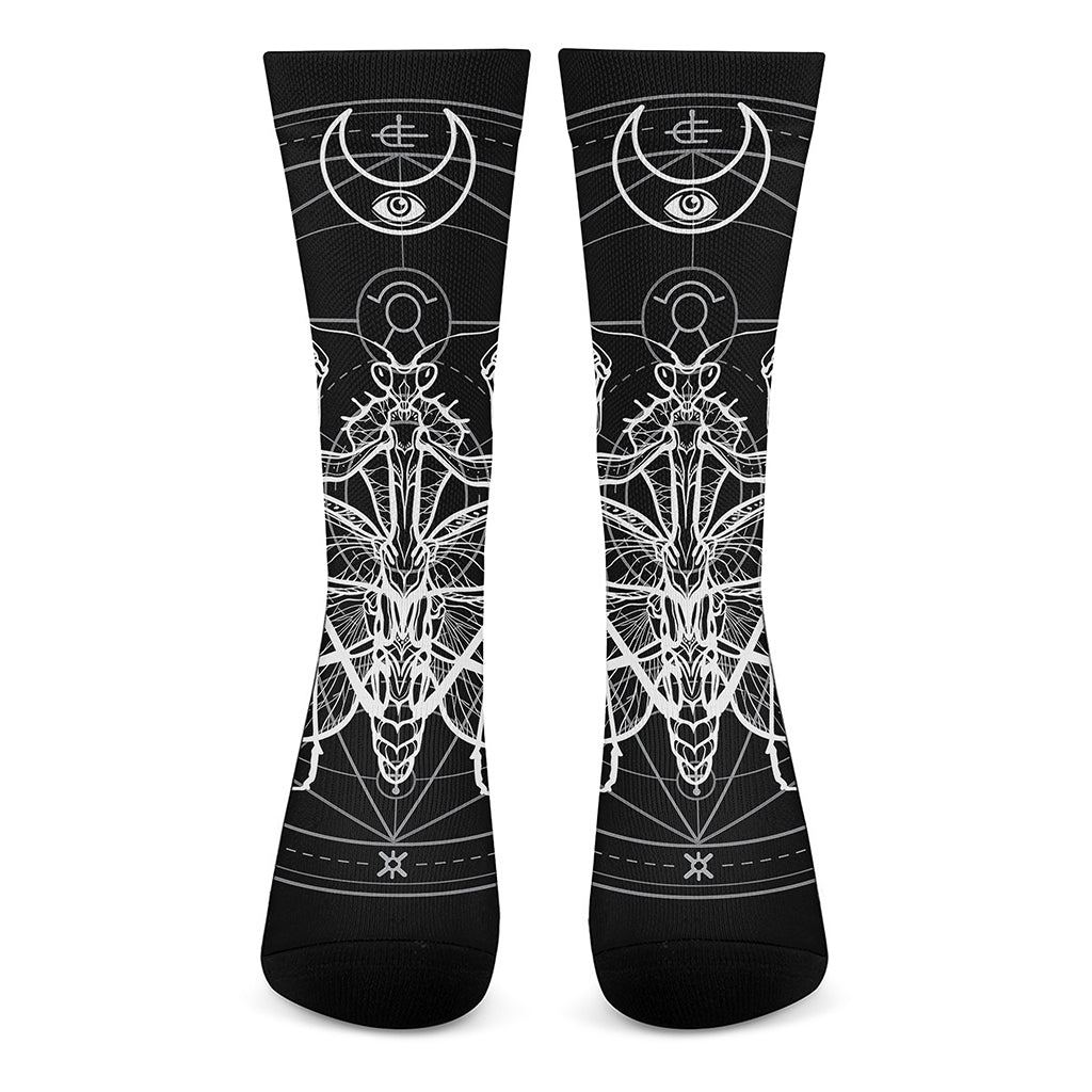 Black And White Mantis Spirit Print Crew Socks