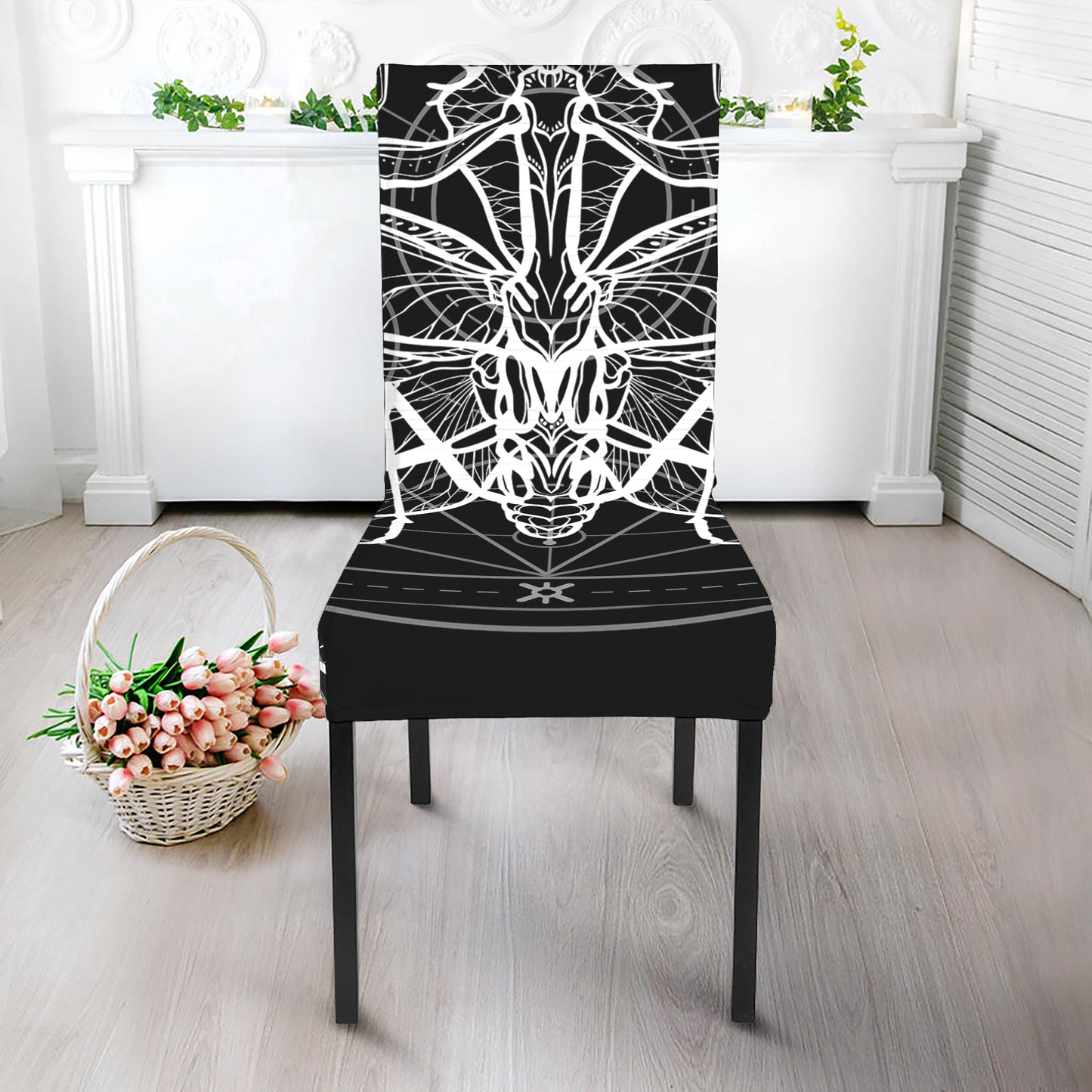 Black And White Mantis Spirit Print Dining Chair Slipcover