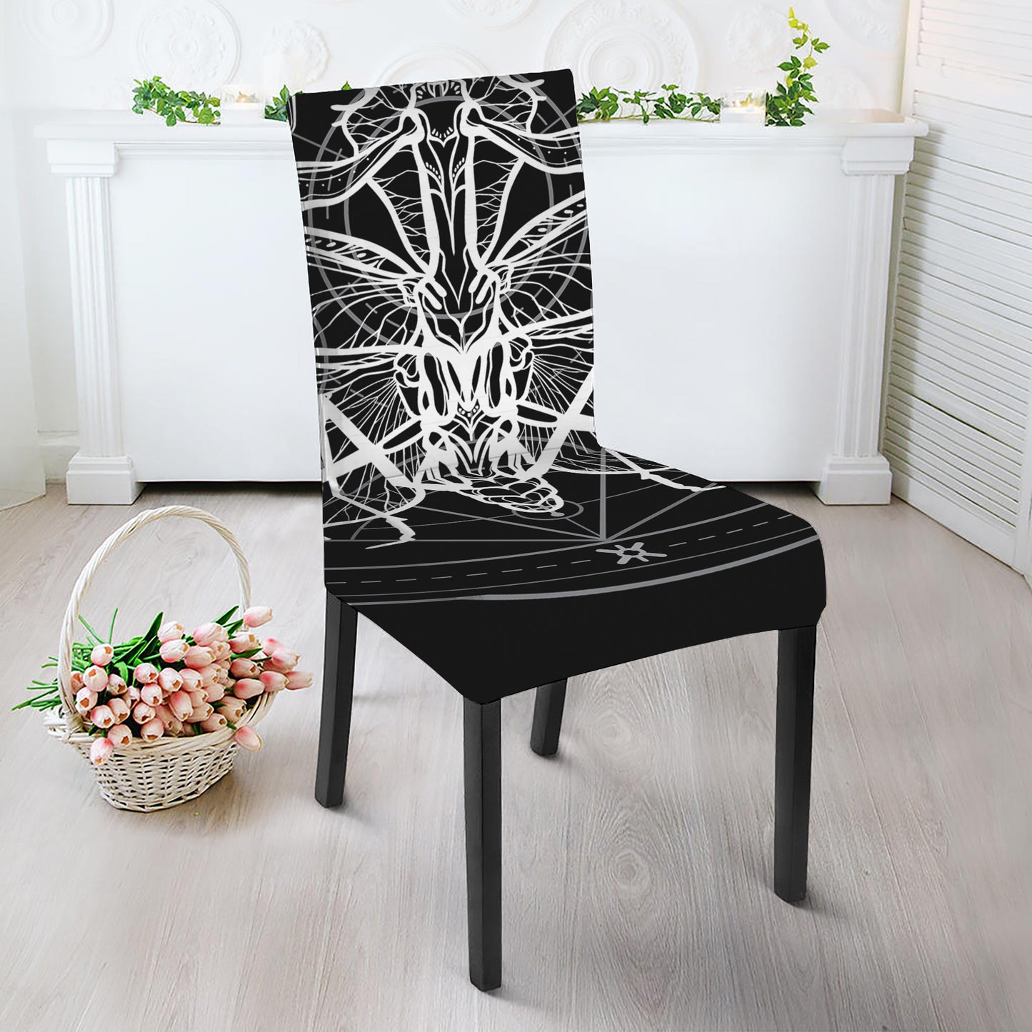 Black And White Mantis Spirit Print Dining Chair Slipcover