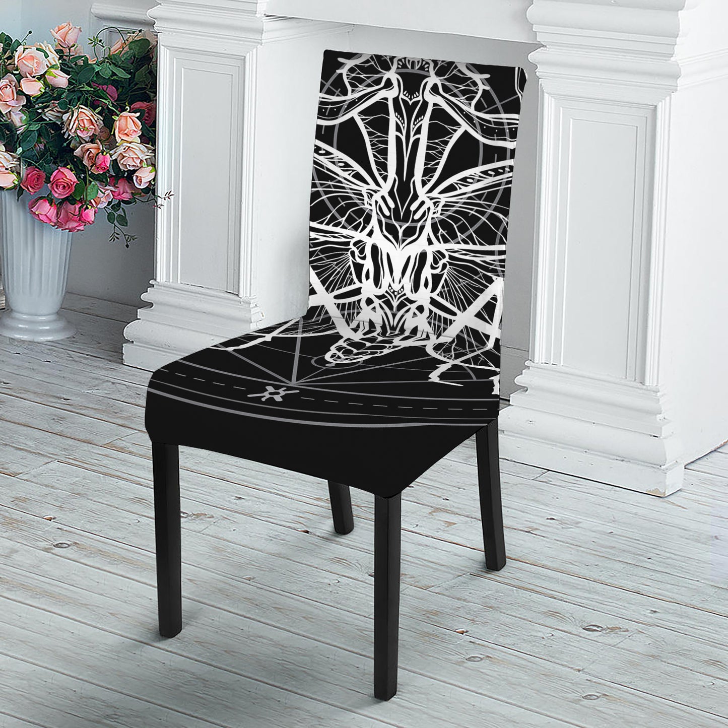 Black And White Mantis Spirit Print Dining Chair Slipcover