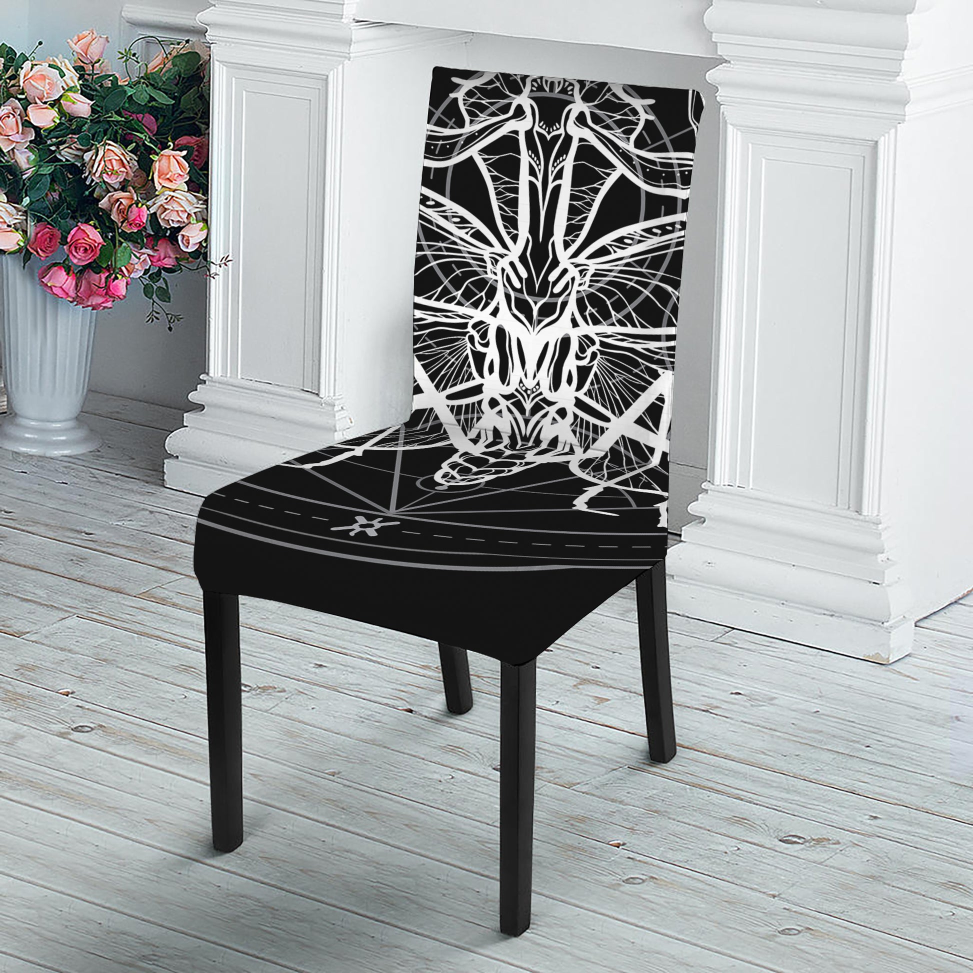 Black And White Mantis Spirit Print Dining Chair Slipcover