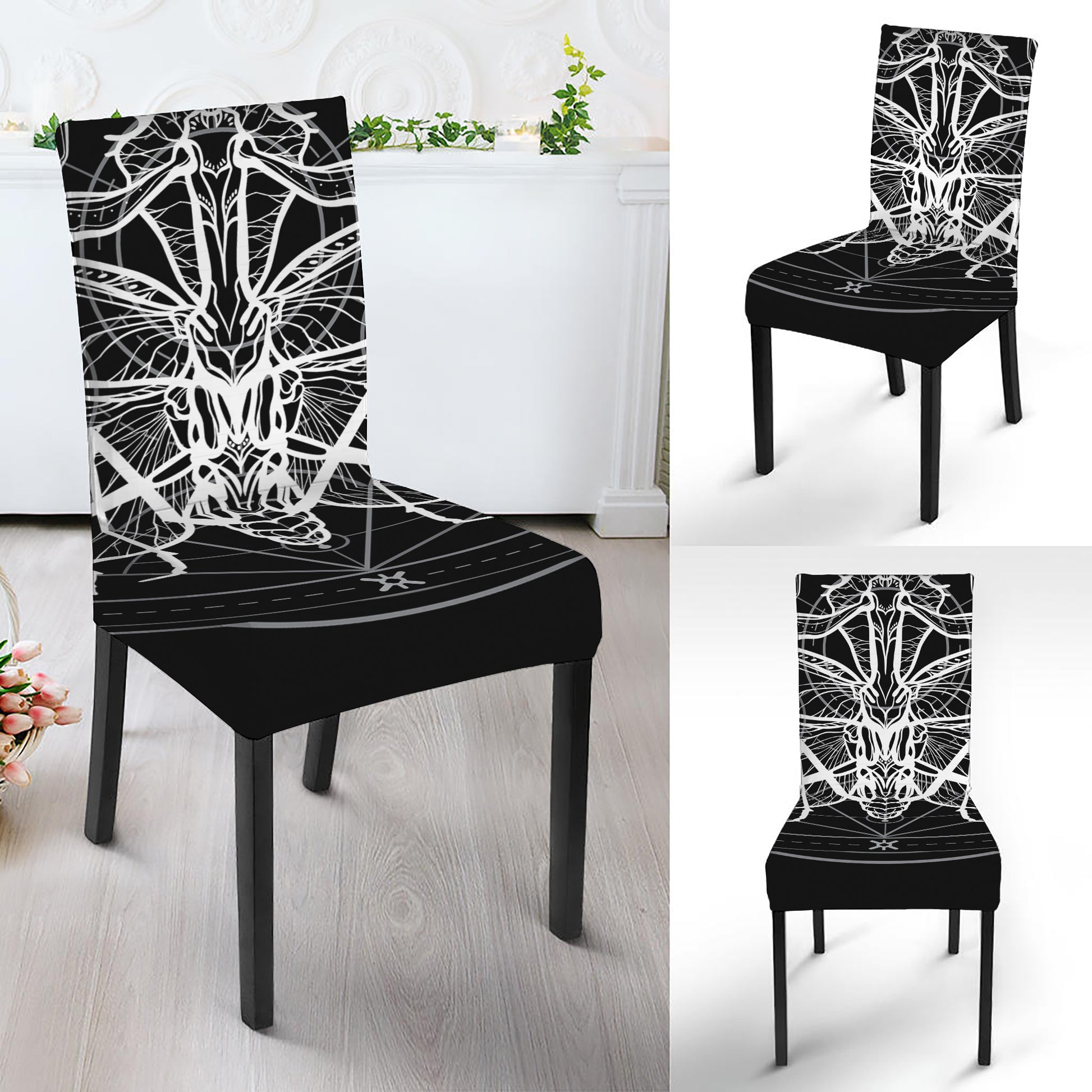 Black And White Mantis Spirit Print Dining Chair Slipcover