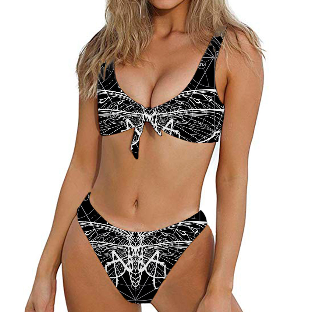 Black And White Mantis Spirit Print Front Bow Tie Bikini