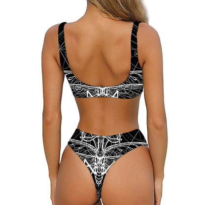 Black And White Mantis Spirit Print Front Bow Tie Bikini