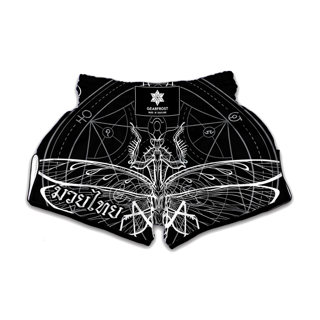 Black And White Mantis Spirit Print Muay Thai Boxing Shorts