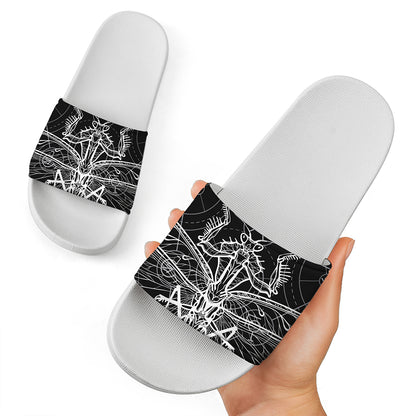 Black And White Mantis Spirit Print White Slide Sandals
