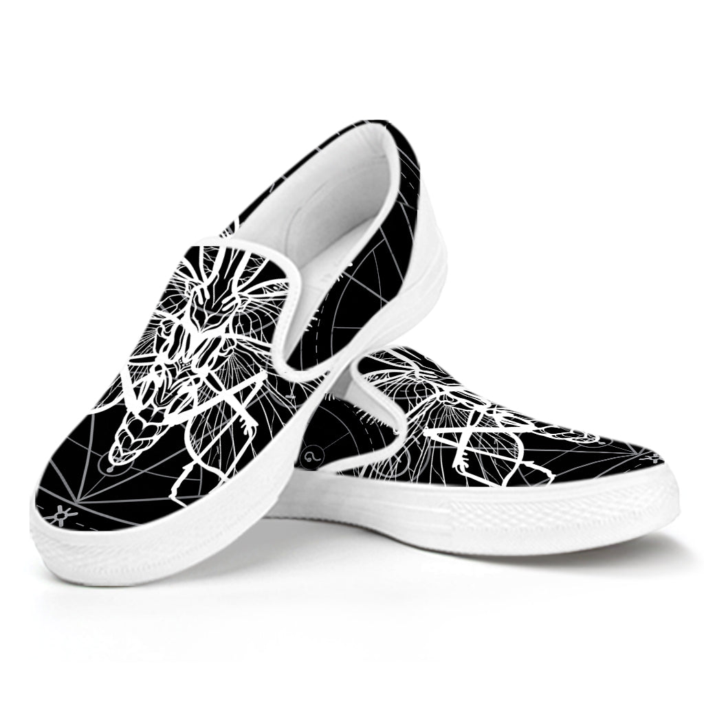 Black And White Mantis Spirit Print White Slip On Shoes
