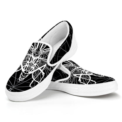 Black And White Mantis Spirit Print White Slip On Shoes