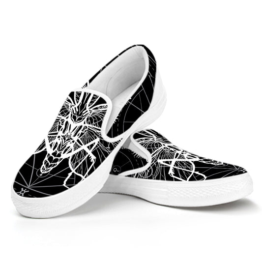 Black And White Mantis Spirit Print White Slip On Shoes