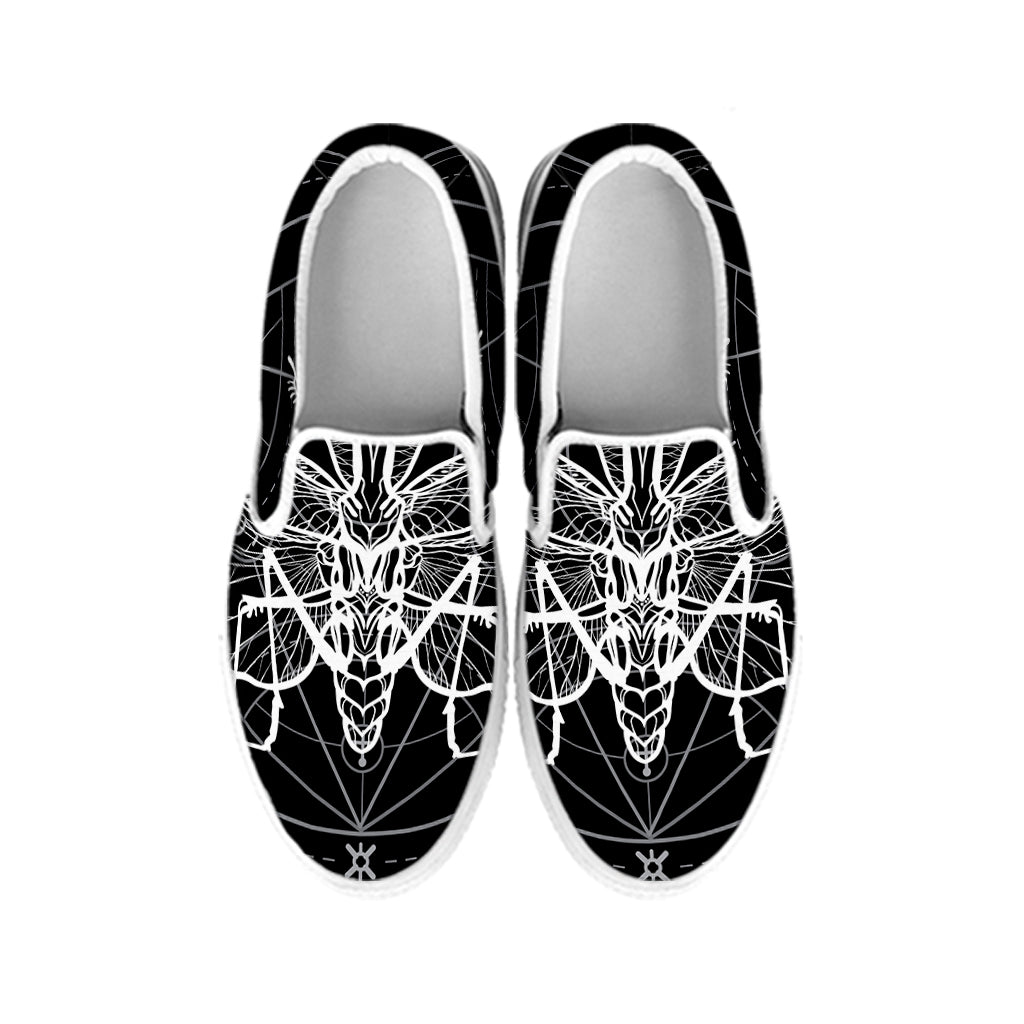 Black And White Mantis Spirit Print White Slip On Shoes