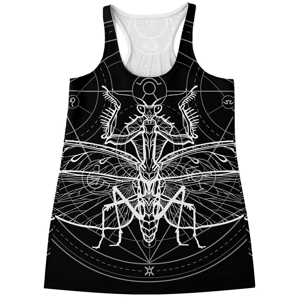 Black And White Mantis Spirit Print Women's Racerback Tank Top