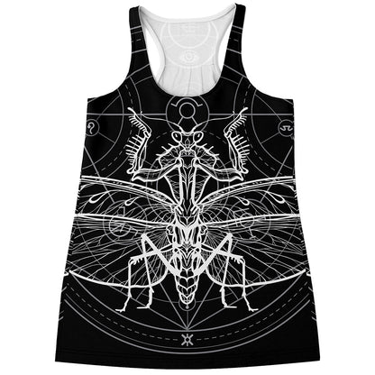 Black And White Mantis Spirit Print Women's Racerback Tank Top