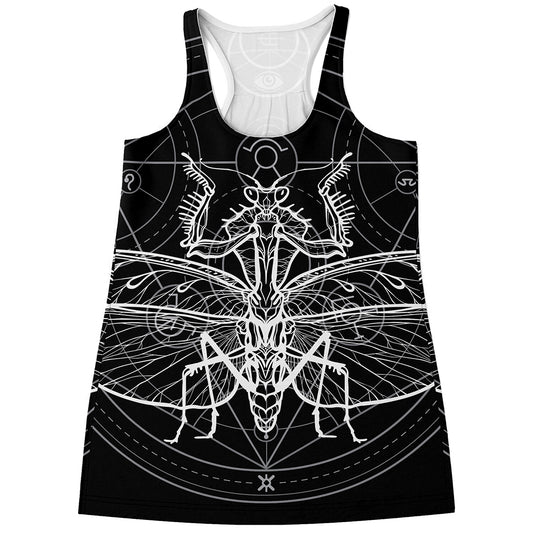 Black And White Mantis Spirit Print Women's Racerback Tank Top