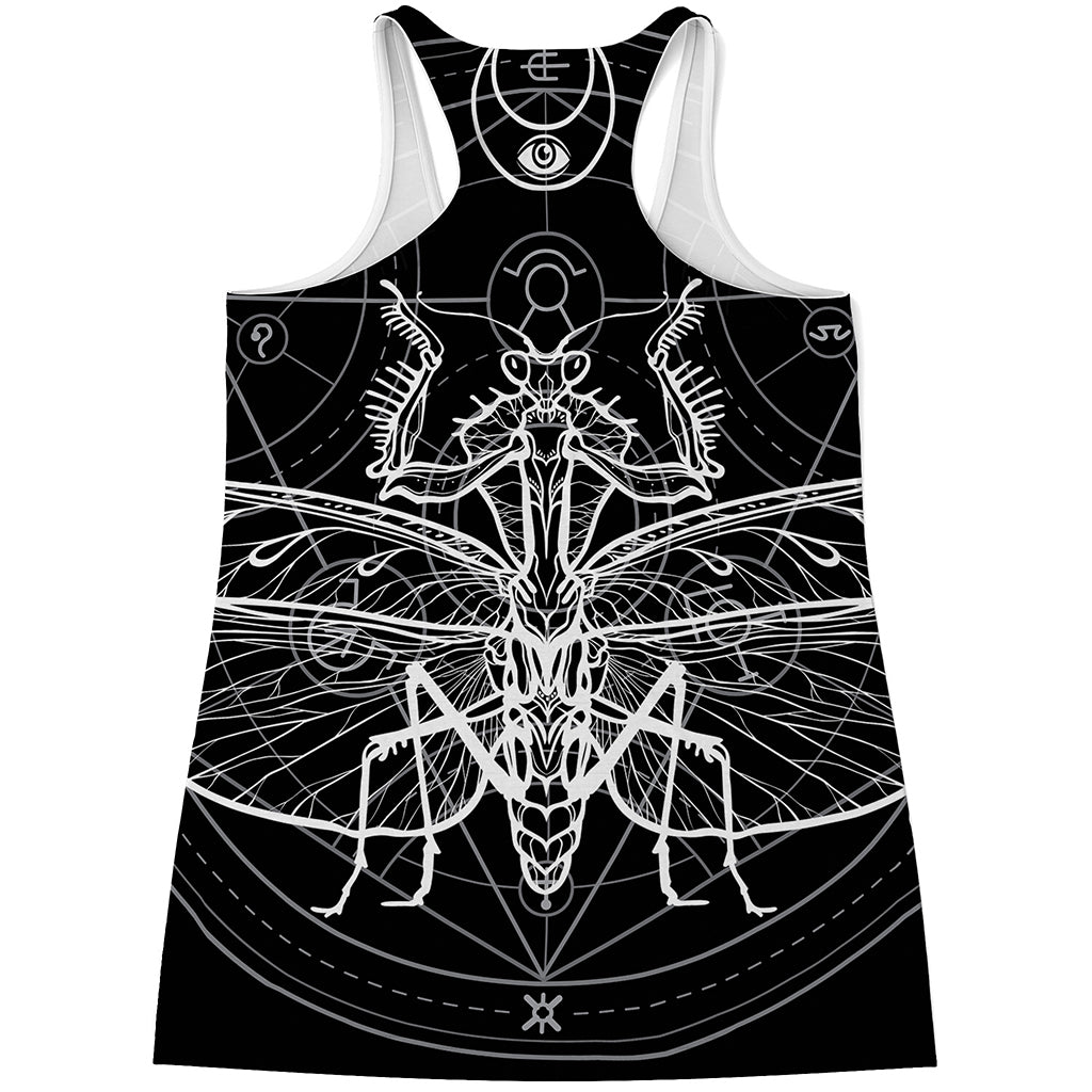 Black And White Mantis Spirit Print Women's Racerback Tank Top