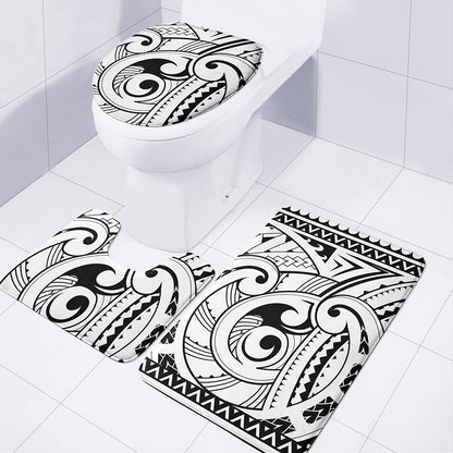 Black And White Maori Pattern Print 3 Piece Bath Mat Set