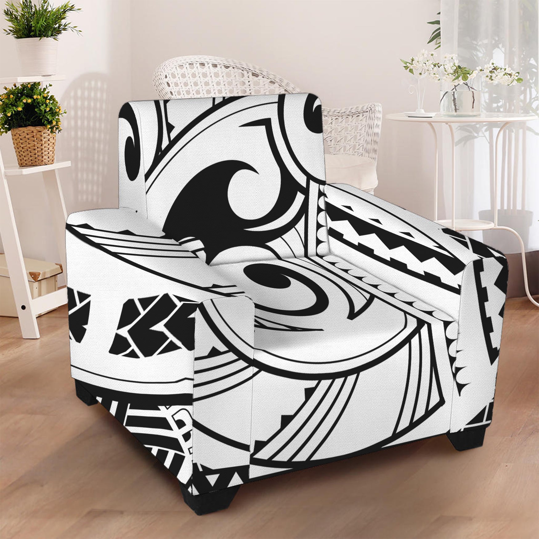 Black And White Maori Pattern Print Armchair Slipcover