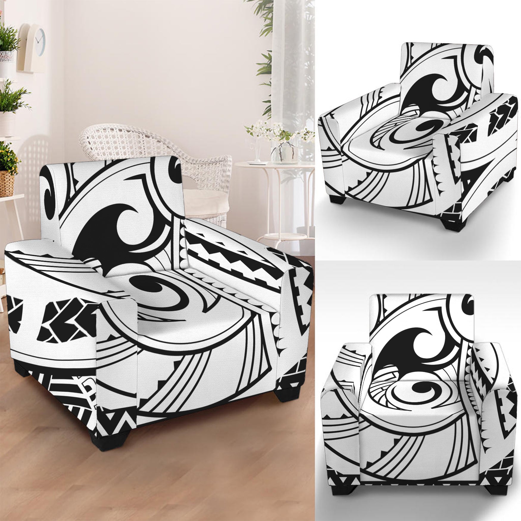 Black And White Maori Pattern Print Armchair Slipcover